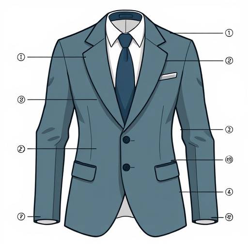 A detailed diagram illustrating the different parts of a suit jacket, with labels pointing to key components like lapels, pockets, and vents.