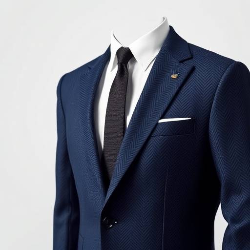 A sharply tailored navy blue single-breasted business suit with a subtle herringbone pattern, paired with a crisp white shirt and a dark silk tie.