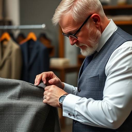 Master tailor meticulously inspecting a fine wool fabric for a bespoke suit.